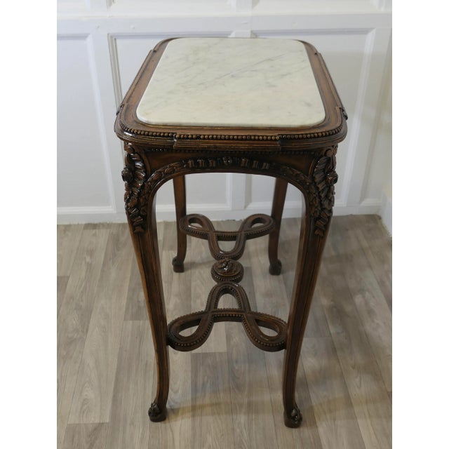 Brown French Lamp Table with Carved Decoration and Marble Top, 1940s For Sale - Image 8 of 11