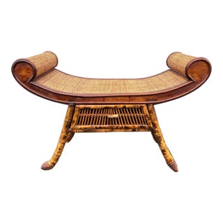 Asian Style Burnt Bamboo Rattan Scroll Arm Bench or Stool For Sale