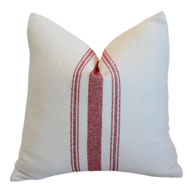 French Red Striped Grain Sack Fabric Feather/Down Pillow For Sale