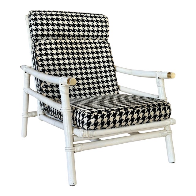 Mid-20th Century Rattan Lounge Chair in the Manner of Ficks Reed With Houndstooth Upholstery For Sale