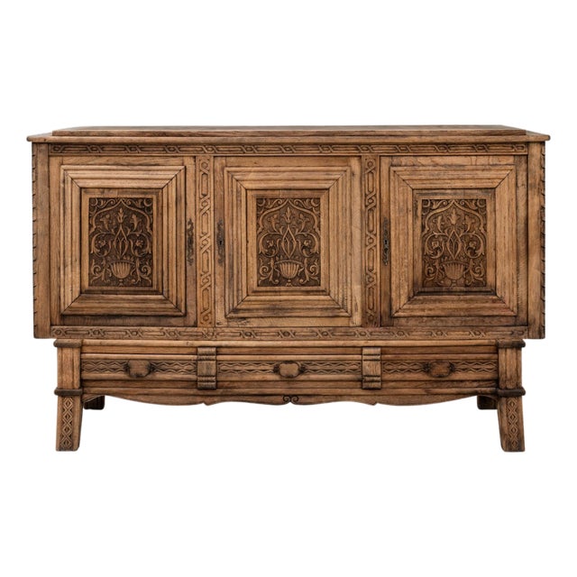 1970s French Gothic Revival Carved Oak Sideboard For Sale