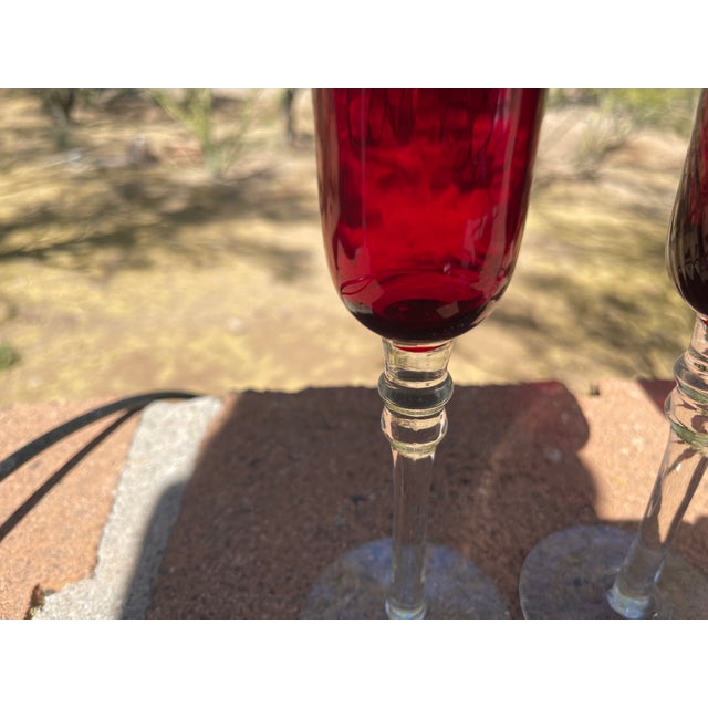 Vintage Ruby Red Ribbed Champagne Flutes - Set of 4 For Sale In Santa Fe - Image 6 of 7