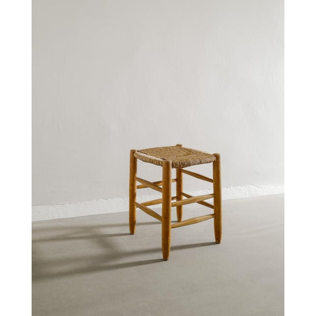 Rare french mid century wooden "n17" stool in ash with the original grass seat by charlotte perriand for steph simon paris...