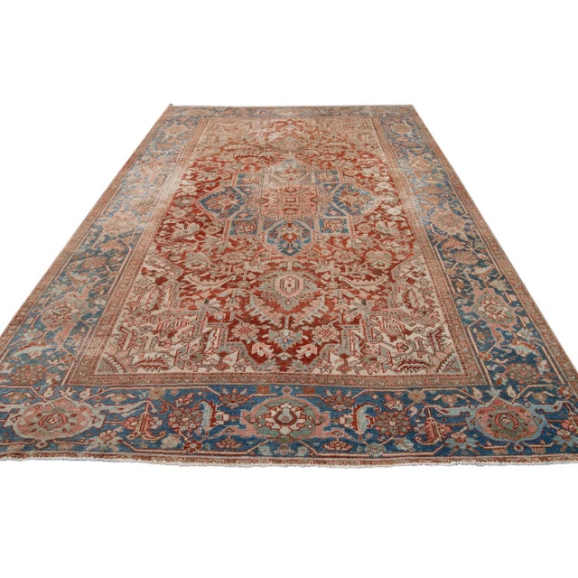 Shabby Chic Antique Heriz Persian Handmade Rust Wool Rug With Medallion Design For Sale - Image 3 of 9