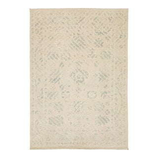 Modern Oushak Style Hand-Knotted Wool Rug - Ivory & Sage Geometric Design 9x13 For Sale