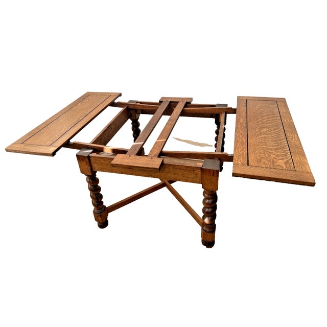 Antique Expanding Pub Kitchen Dining Table Large Barley Twist Legs Quarter Sawn For Sale - Image 11 of 18