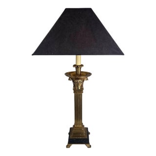 1991 Neoclassical Solid Brass & Black Marble Column Table Lamp by Chapman W/ Frederick Cooper Paisley Damask Shade - 35" For Sale
