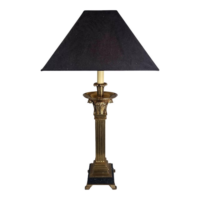 1991 Neoclassical Solid Brass & Black Marble Column Table Lamp by Chapman W/ Frederick Cooper Paisley Damask Shade - 35" For Sale