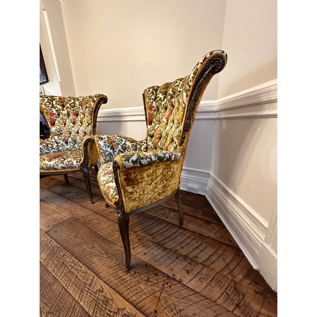 Wood Pair of Vintage French Provincial Two-Tone Velvet and Tapestry Wingback Bergère Chairs For Sale - Image 7 of 7