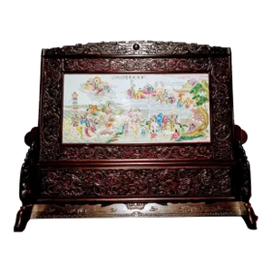 Antique Chinese Hand Painted Porcelain Carved Rosewood Dragon Motif Frame Screen/Divider