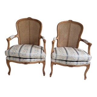 1970s Vintage Century Hardwood Fauteuil-Style Armchairs With Cane Backs and Fine Detail Carvings - Pair For Sale