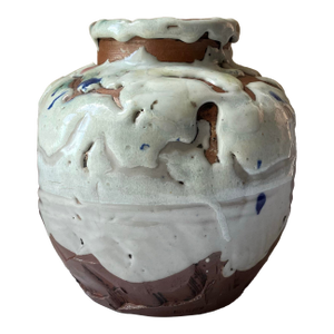 Vintage Japanese Vase in the Style of Awaji Pottery, High Relief Overglaze Ceramic, 9” Tall