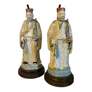 Early 20th Century Chinese Pottery Figures of Musician Attendants With Flutes Mounted as Table Lamps - A Pair For Sale
