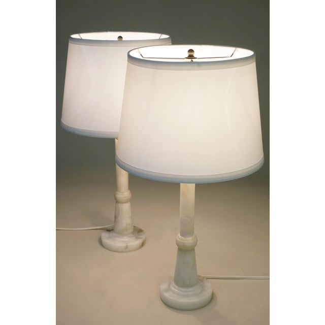 1930s Art Deco Streamline Alabaster Marble Brass Candlestick Table Lamps Italy - a Pair For Sale - Image 10 of 13