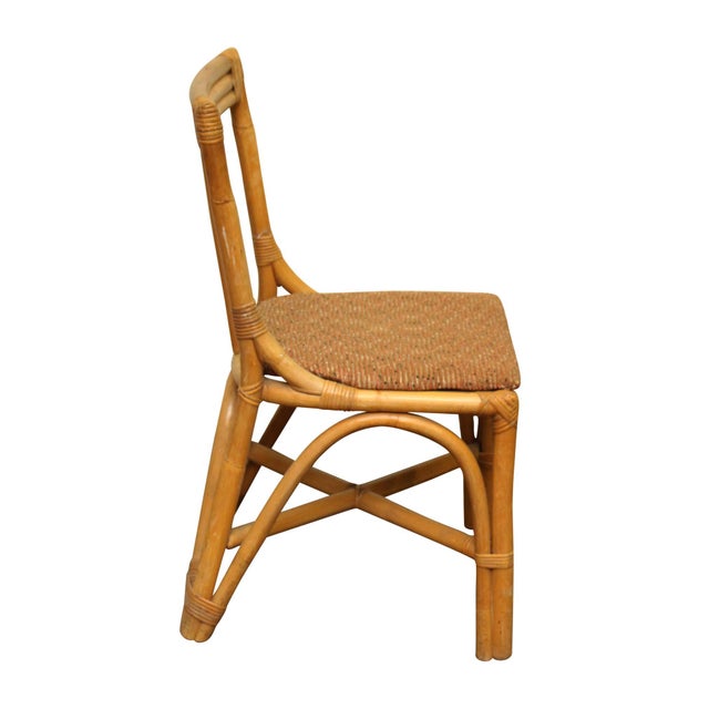 Wood Vintage Bamboo Style Rattan Chair With Tweed Seat For Sale - Image 7 of 11