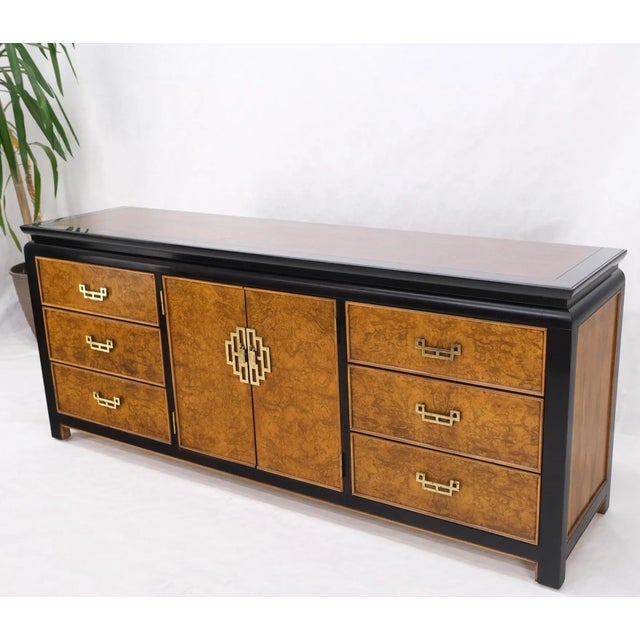 Burl Wood Black Ebonized Border 9 Drawers Long Dresser Credenza Brass Pulls For Sale - Image 12 of 13