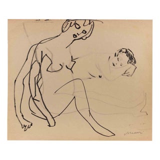 Mino Maccari, The Couple, Nude, Watercolor and Charcoal, 1960s For Sale