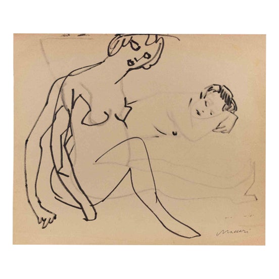 Mino Maccari, The Couple, Nude, Watercolor and Charcoal, 1960s For Sale