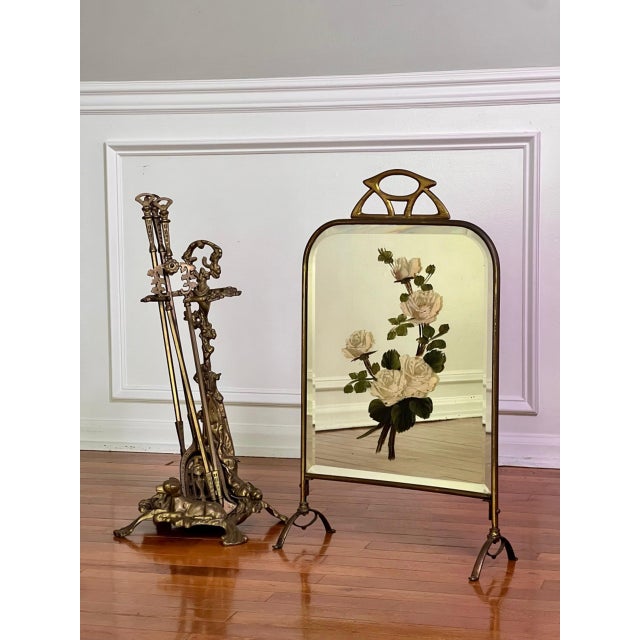 Art Deco Brass and Beveled Mirror Fire Screen With Painted Flowers, 1920s For Sale - Image 9 of 11