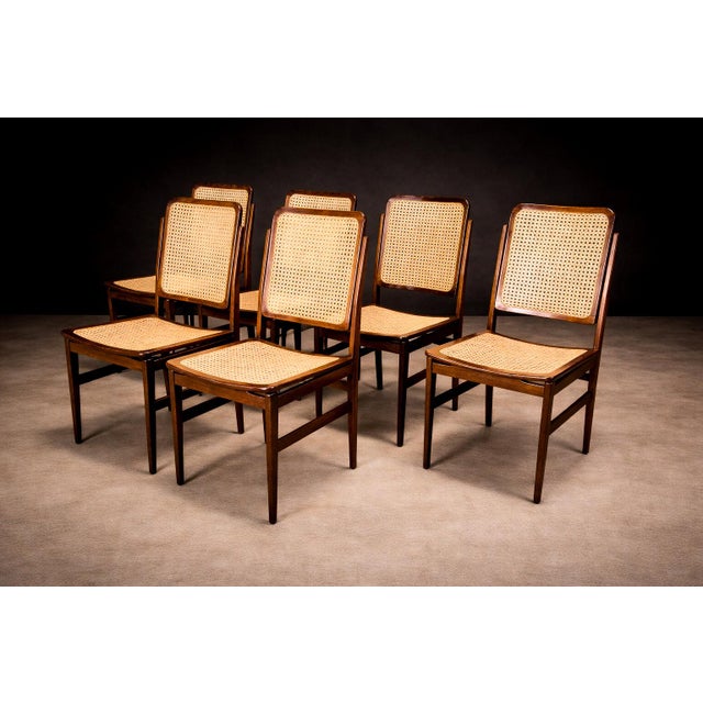 Mid-Century Modern Set of 6 Chairs in Rosewood & Cane, Unknown, 1960s For Sale - Image 3 of 9