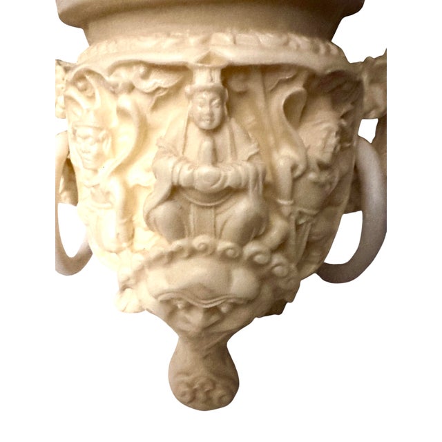 Vintage Asian Faux Ivory Vase With Ornate Sculptures and Dragon Handles For Sale - Image 10 of 12