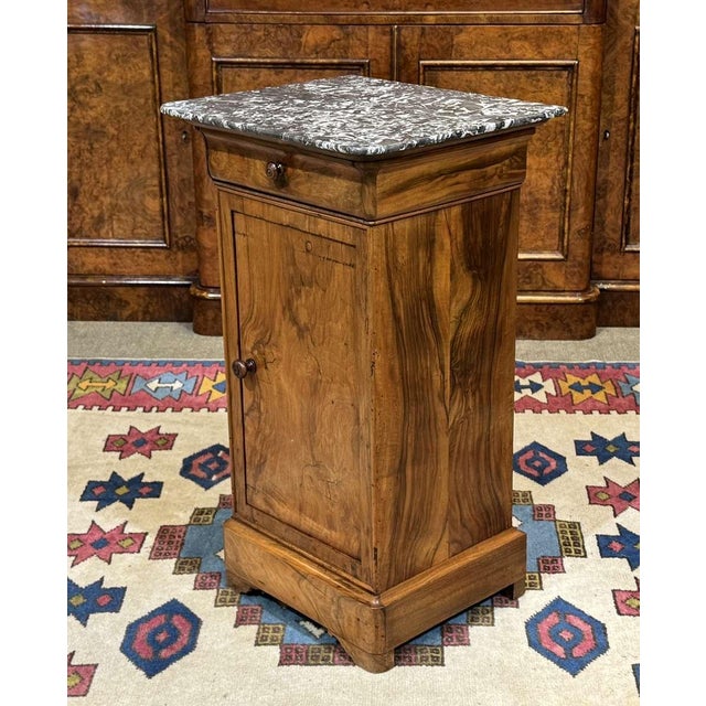Wood Bedside Table in Walnut, Oak and Marble Top, 19th Century For Sale - Image 7 of 10