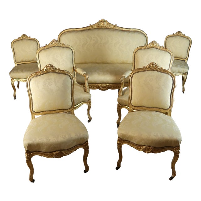 19th Century Gilded Wood Living Room, Set of 7 For Sale