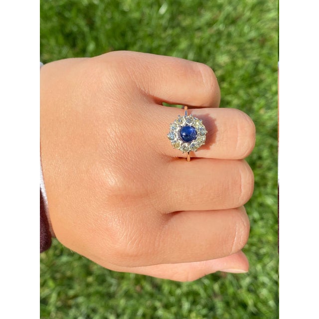 The Tana: Antique Mixed Metal Sapphire Cabochon and Old Mine Cut Diamond Halo Ring For Sale In Philadelphia - Image 6 of 9