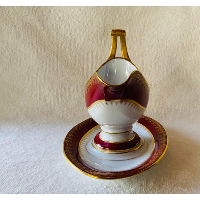 Antique Pirkenhammer Ruby Red Porcelain Sauce Boats With Gilt Bacchus Handles — Pair For Sale - Image 6 of 18