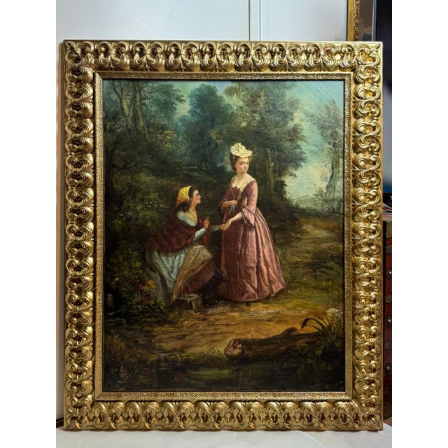 19th Century Large 19th Century Victorian Painting of Ladies on a Wooded Path For Sale - Image 5 of 11