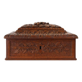 Antique French Sculpted Sewing Box in Oak, 1890s For Sale
