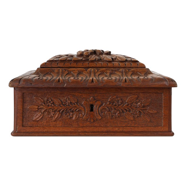 Antique French Sculpted Sewing Box in Oak, 1890s For Sale
