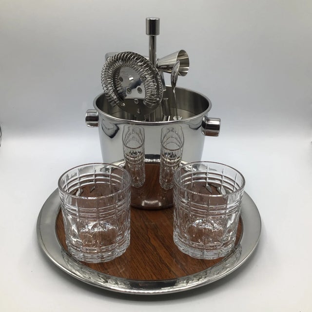 Stieff Pewter Serving Tray With Stainless Steel Bar Tool/Ice Bucket Set and 2 Cut Crystal Whisky Glasses-Set of 9 For Sale - Image 13 of 13