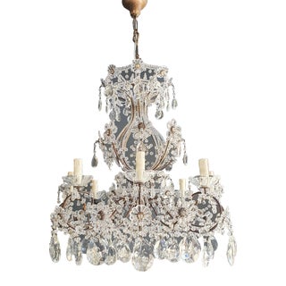 1920s Art Nouveau Brass Crystal Chandelier For Sale