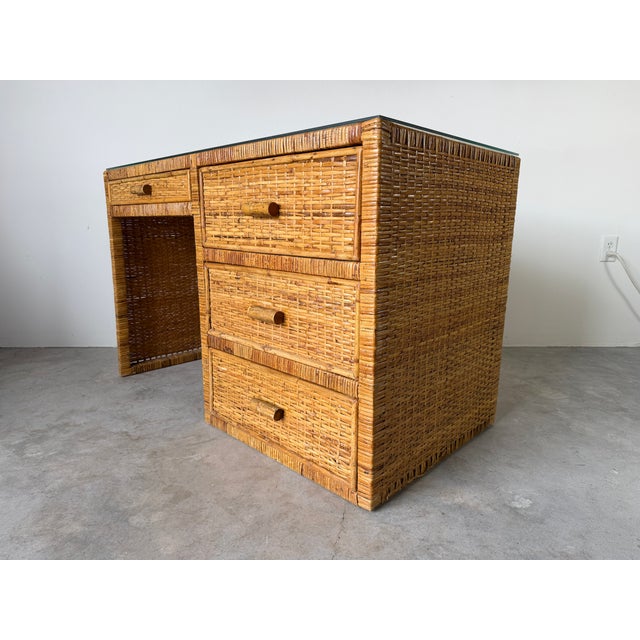 1970's Vintage Boho Coastal Wrapped Rattan Writing Desk For Sale In Miami - Image 6 of 18