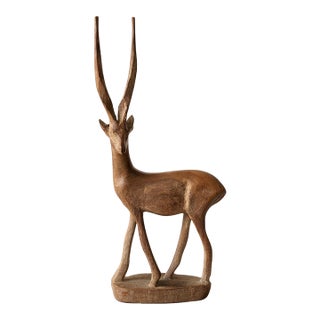 Vintage Hand-Carved Wooden Antelope Sculpture – Safari Modern / Global Decor Accent Organic Modern For Sale