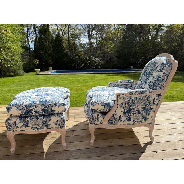 Blue Custom Blue and White Marquis Bergere Chair and Ottoman Set Upholstered in Ralph Lauren For Sale - Image 8 of 18