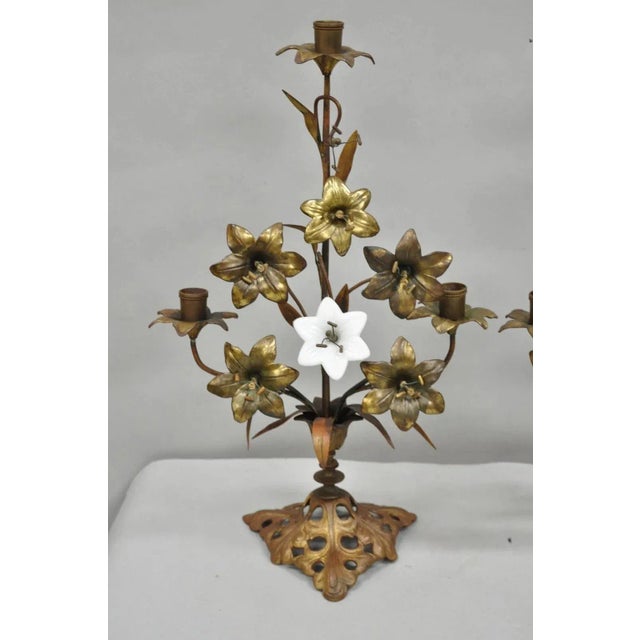 Antique French Baroque Gold Gilt Bronze Altar Church Candlestick Candelabra Pair For Sale - Image 4 of 12