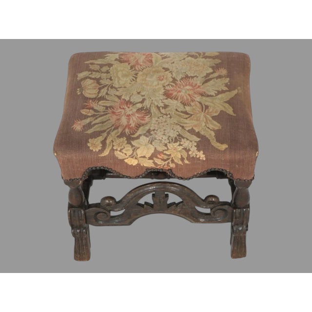 Late 19th Century Antique English Carved Oak Footstool Bench With Floral Tapestry Seat For Sale - Image 4 of 10