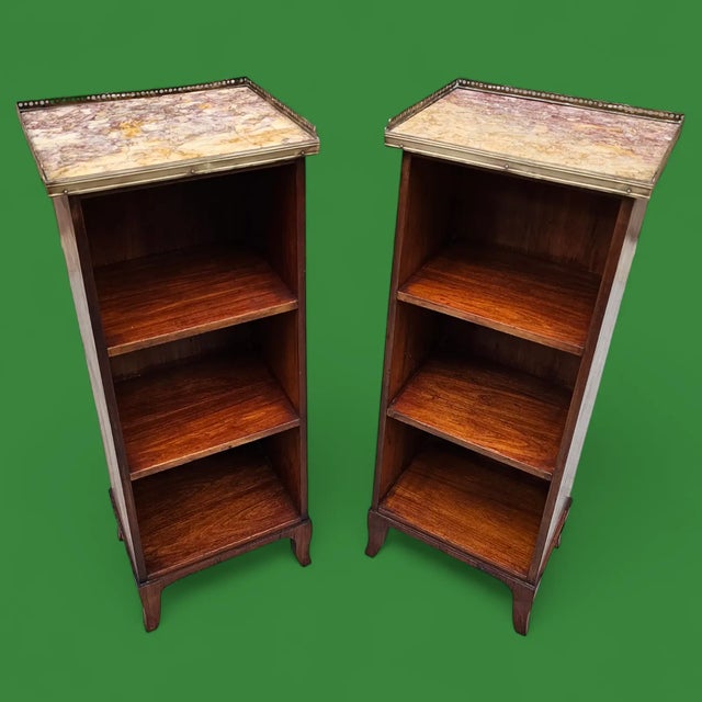 Pair of 19th Century Slender French Directoire Style Mahogany Marble Topped Diminutive Open Bookcases For Sale - Image 4 of 11