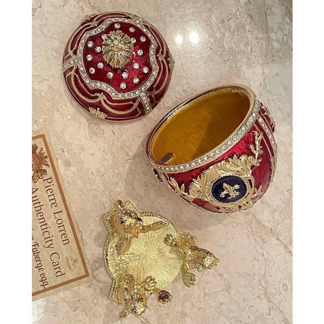 Pierre Lorren Handmade Faberge Egg Style Trinket Fabergé Egg Style Austrian Crystal Diamond Pure Gold Deco Hand Painted 5 Star Egg & Handmade Bracelet For Sale - Image 4 of 9