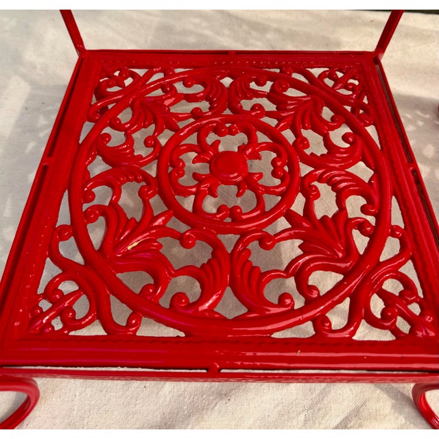 Chinoiserie Pair of Chinoiserie Pagoda Form Metal Étagères in Gloss Red For Sale - Image 3 of 11