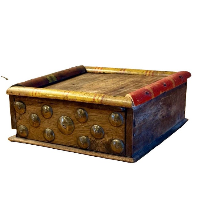 19th Century Antique Indian Polychrome Wood & Brass 4-Compartment Spice Box For Sale - Image 11 of 11