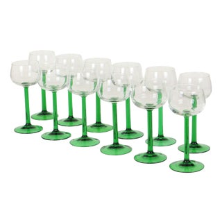Vintage Alsace Wine Glasses with Green Stems from Luminarc, 1970s, Set of 12 For Sale