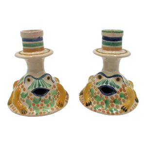 Late 20th Century Mexico Artisian Majolica Guanajuato Frog Toad Candlestick Holders - a Pair
