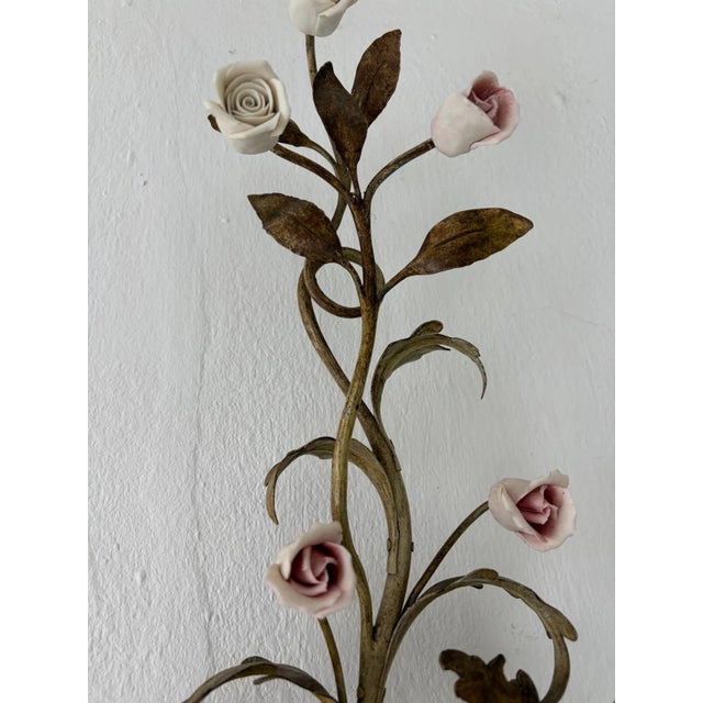 Big Wrought Iron Sconces 3 Lights Roses in Pink & White, C 1900 For Sale - Image 9 of 9