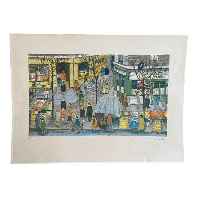 Nathalie Chabrier, A Market in Paris, 1980s, Lithograph, Framed For Sale