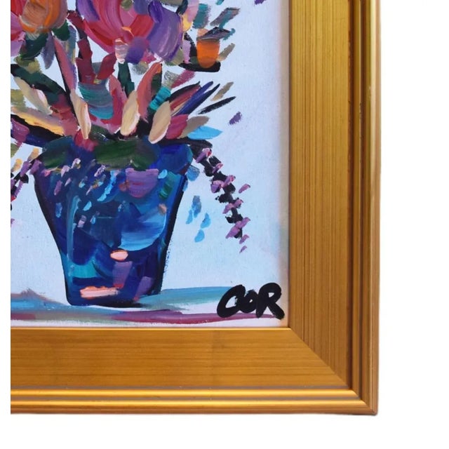 Colorful Floral Bouquet of Flowers in Blue Flower Pot Painting Including the Antiqued Gold Wood Frame For Sale - Image 4 of 7