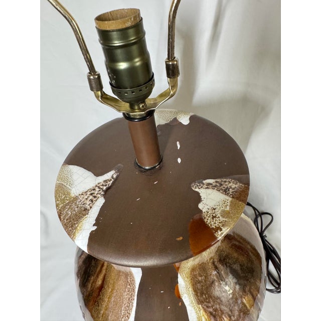 Mid Century Modern Brown White Drip Glaze Pottery Lamp For Sale - Image 4 of 12