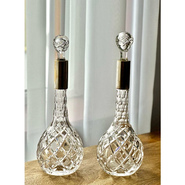 1930s Victorian Cut Crystal Decanters with Brass Collars, 1930s, Set of 2 For Sale - Image 5 of 11